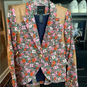 Smythe Pink & Orange Floral Blazer with Tan Leather Accents